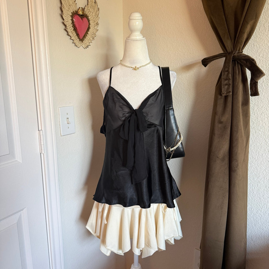 Joyspun Coquette Mesh Sheer Black Satin Tie-Front Camisole Top XL (16-18)