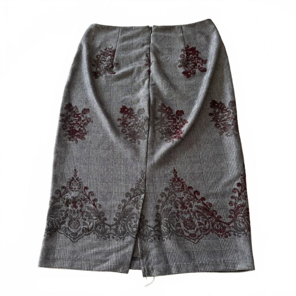 ECI New York Grey Plaid Burgundy Whimsical Floral Pencil Skirt Y2K Sz 6