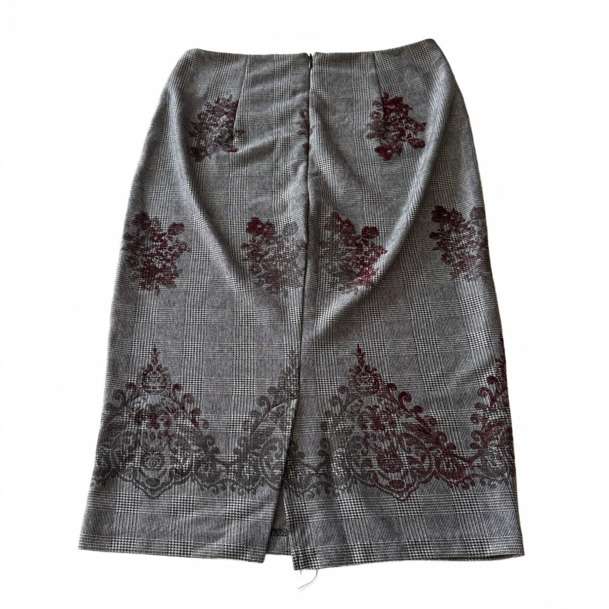 ECI New York Grey Plaid Burgundy Whimsical Floral Pencil Skirt Y2K Sz 6