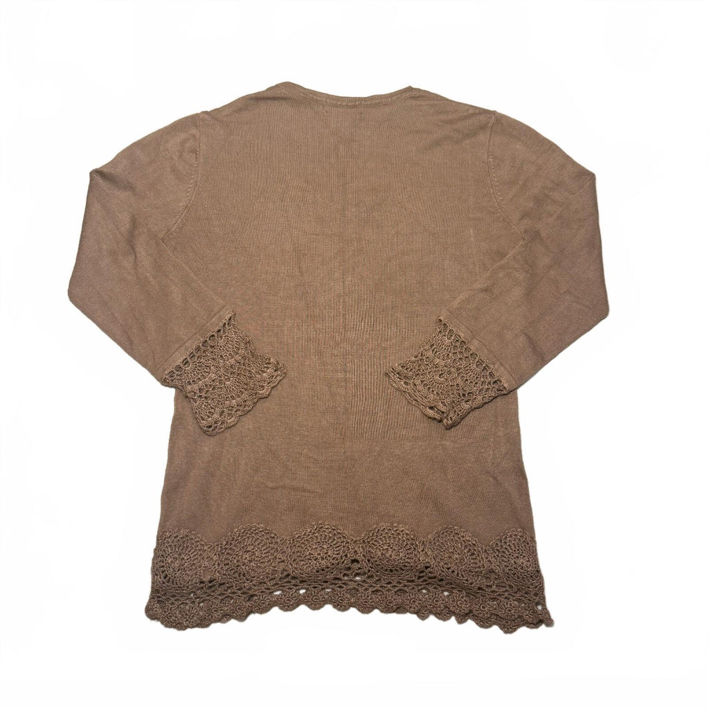 West End Brown Rayon Nylon Blend Long Sleeve Sweater with Crochet Trim, Size S