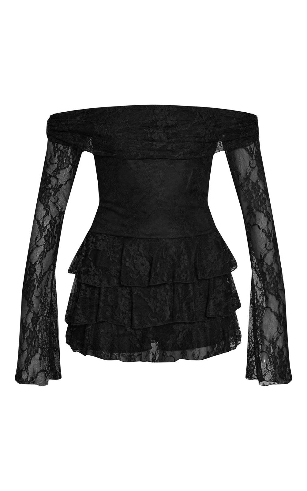 Pretty Little Thing Black Lace Bardot Long Sleeve Skort Playsuit Women's Sz 4