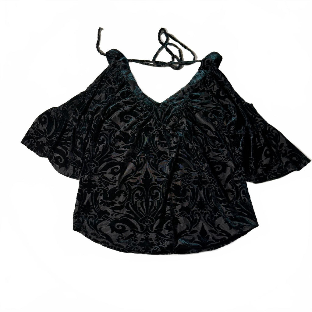 Always Indigo Sz S Whimsical Emerald Black Burnout Velvet Cold Shoulder Blouse