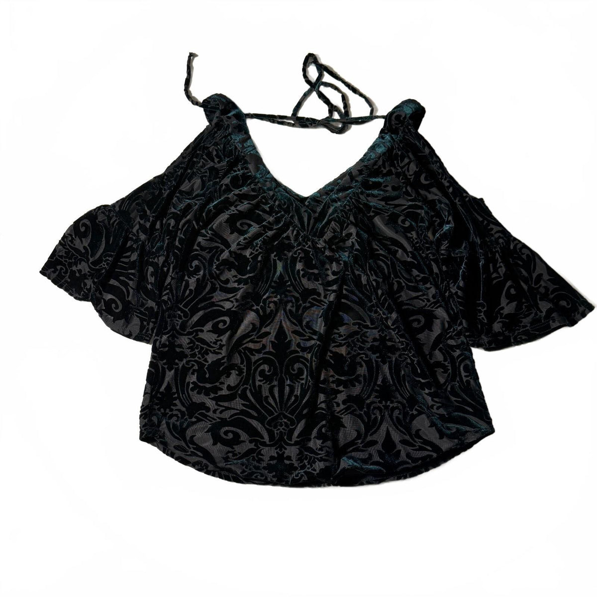 Always Indigo Sz S Whimsical Emerald Black Burnout Velvet Cold Shoulder Blouse