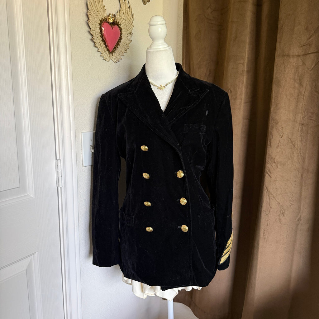 Vintage Ralph Lauren Black Velvet Double Breasted Blazer Soldier Gold Buttons
