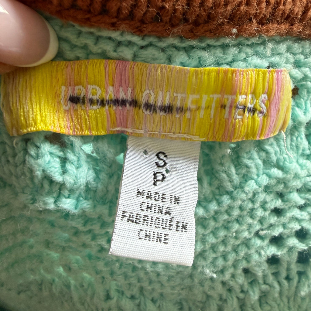 Urban Outfitters Women's Mint Green Crochet Knit Sweater with Brown Trim, Size S