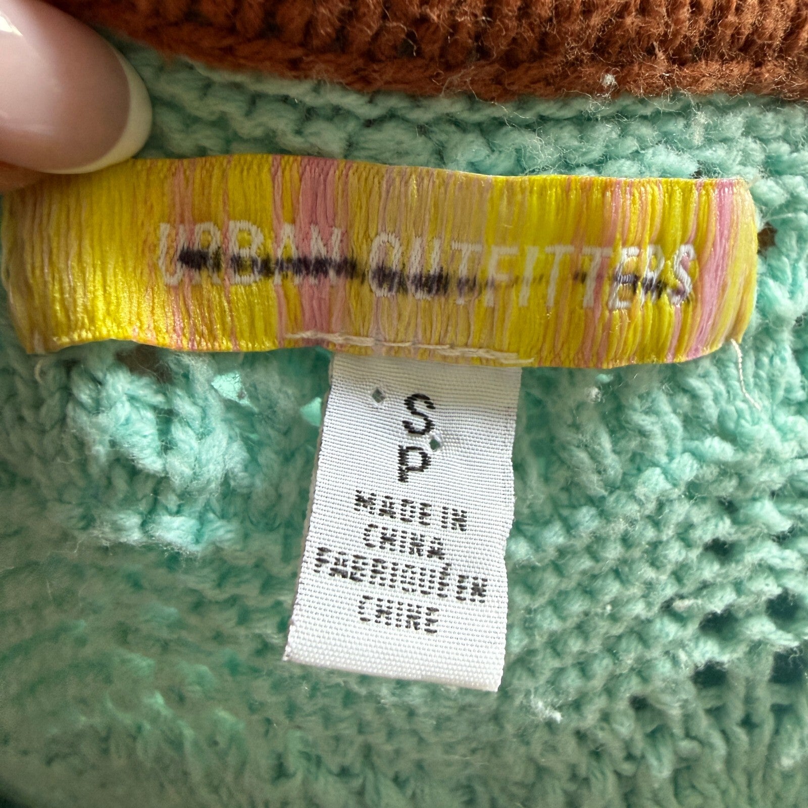 Urban Outfitters Women's Mint Green Crochet Knit Sweater with Brown Trim, Size S