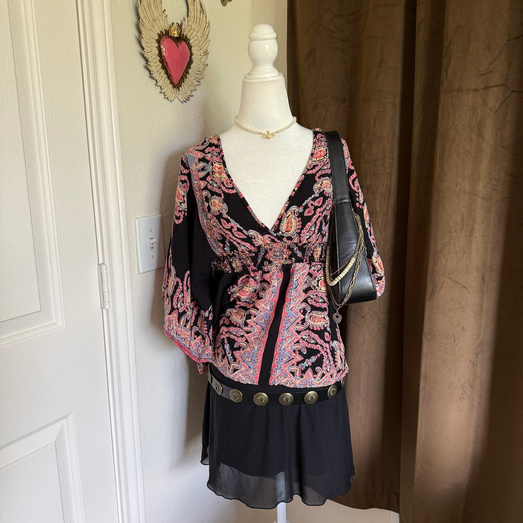 Lola P Black Paisley Print Kimono Butterfly Sleeve Boho Fairycore Whimsical Sz M