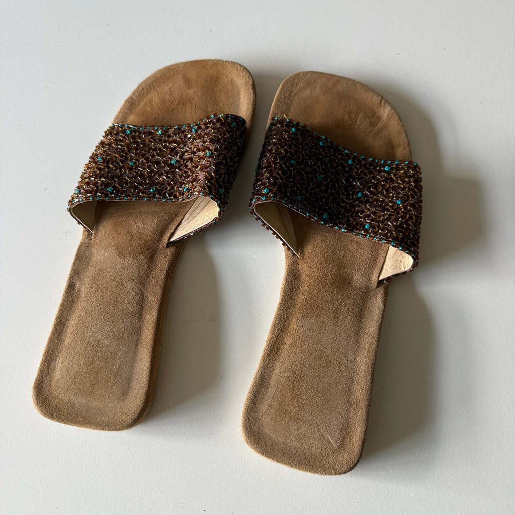 Beaded Slide Sandals Brown Turquoise Boho Vacation Made in India Flat Sz 7/36