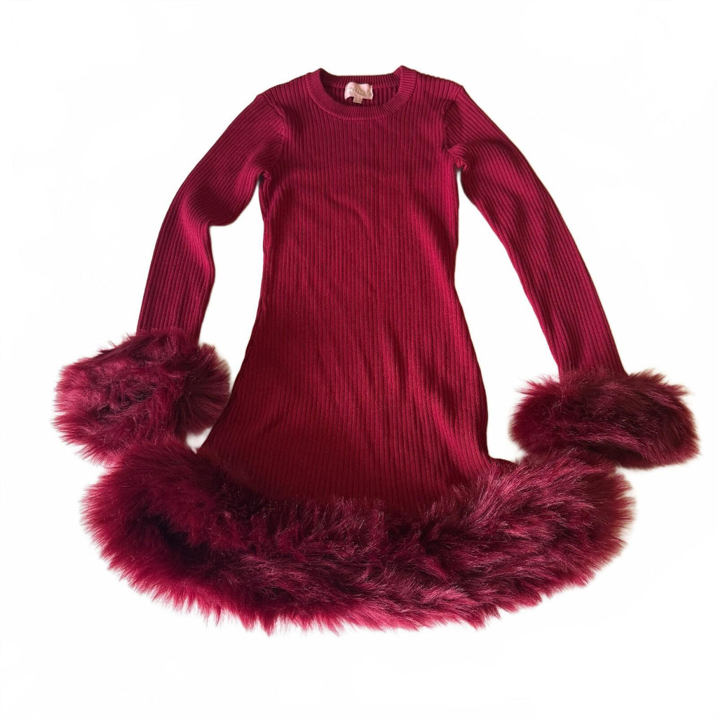 Show Me Your MuMu Fran Cranberry Mini Dress with Faux Fur Cuffs Sz Small