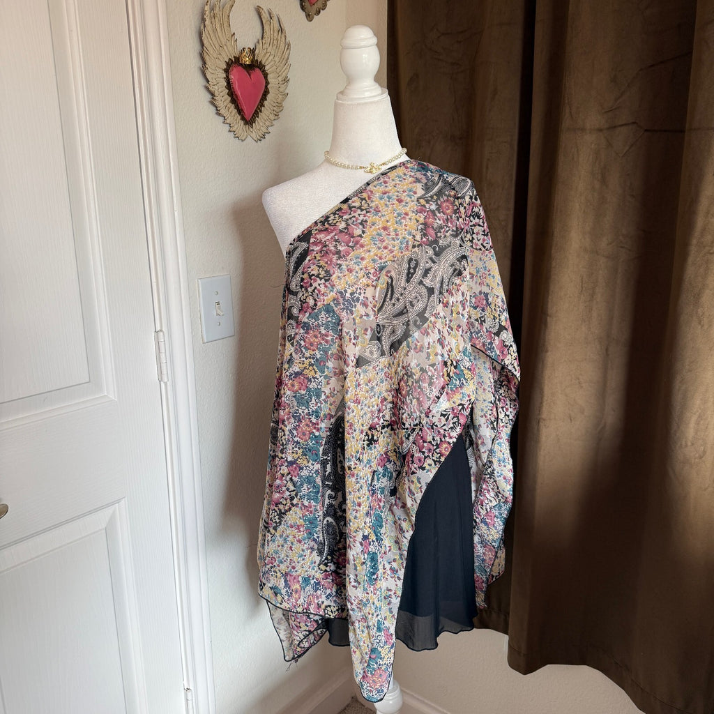 Lavish Bohemian Floral Paisley Print Sheer Blouse Top Layering Whimsical Poncho
