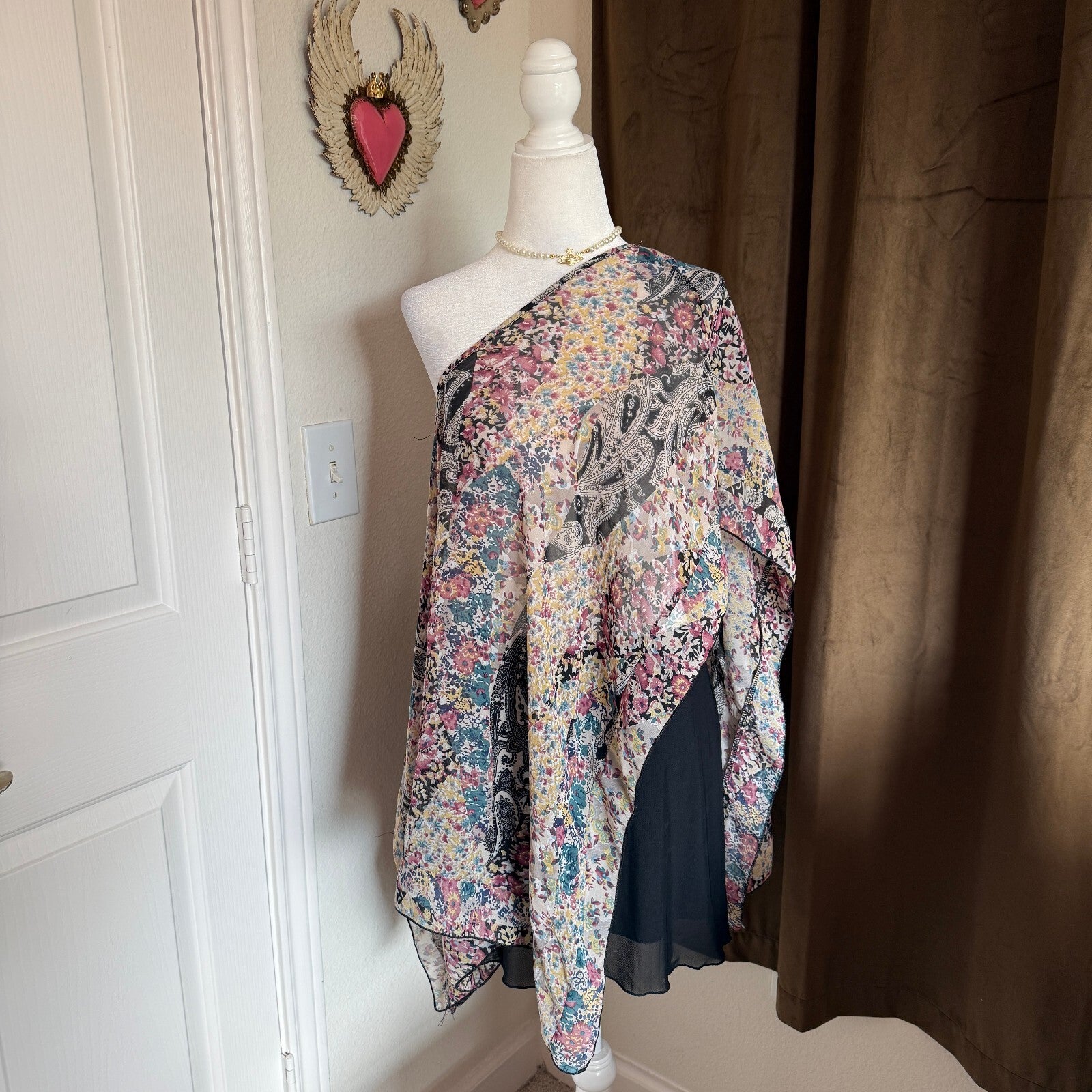 Lavish Bohemian Floral Paisley Print Sheer Blouse Top Layering Whimsical Poncho