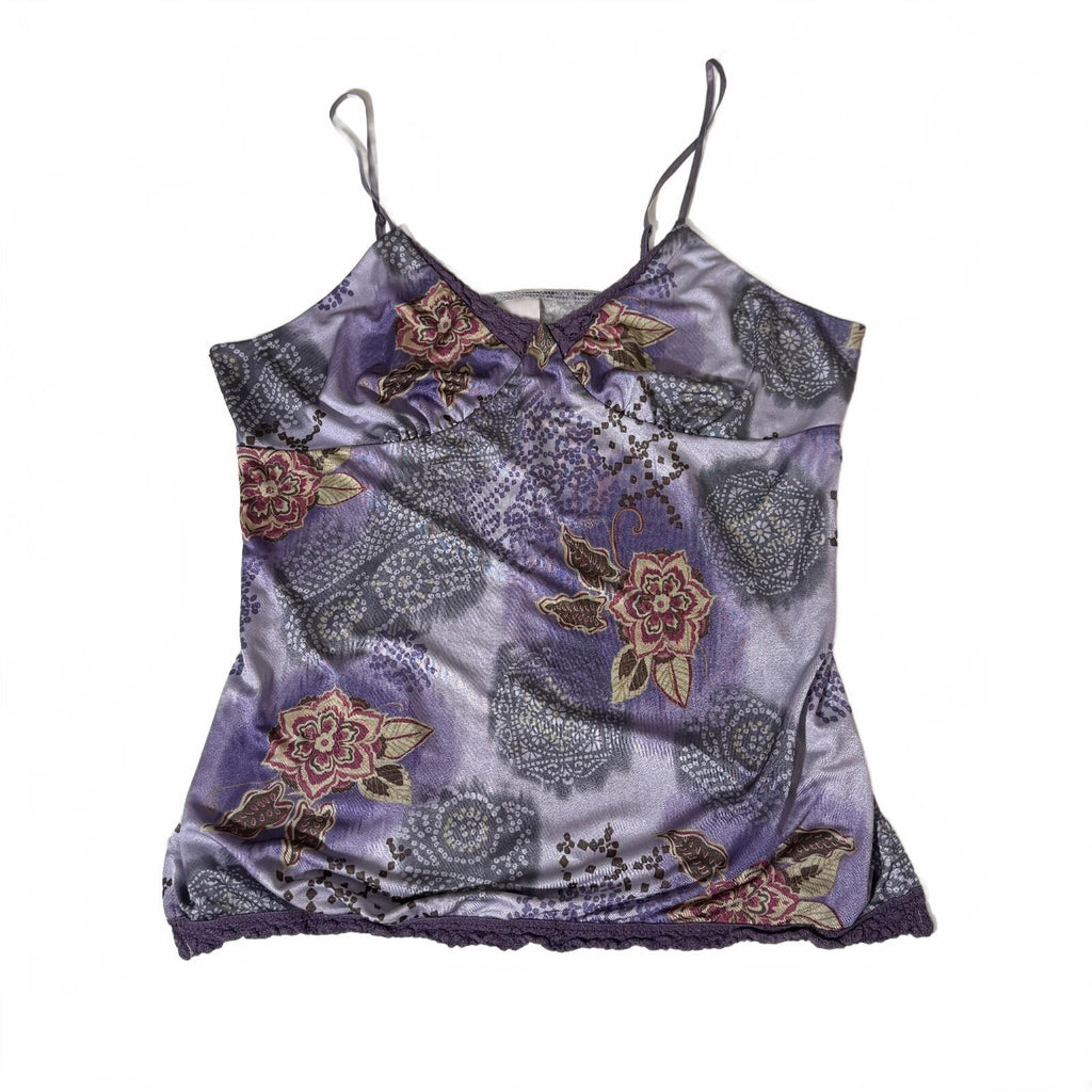 Y2K Early 2000s Xhilaration Floral Detail Lace Trim Whimsy Purple Camisole Top
