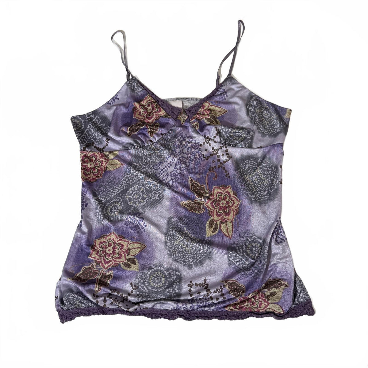 Y2K Early 2000s Xhilaration Floral Detail Lace Trim Whimsy Purple Camisole Top