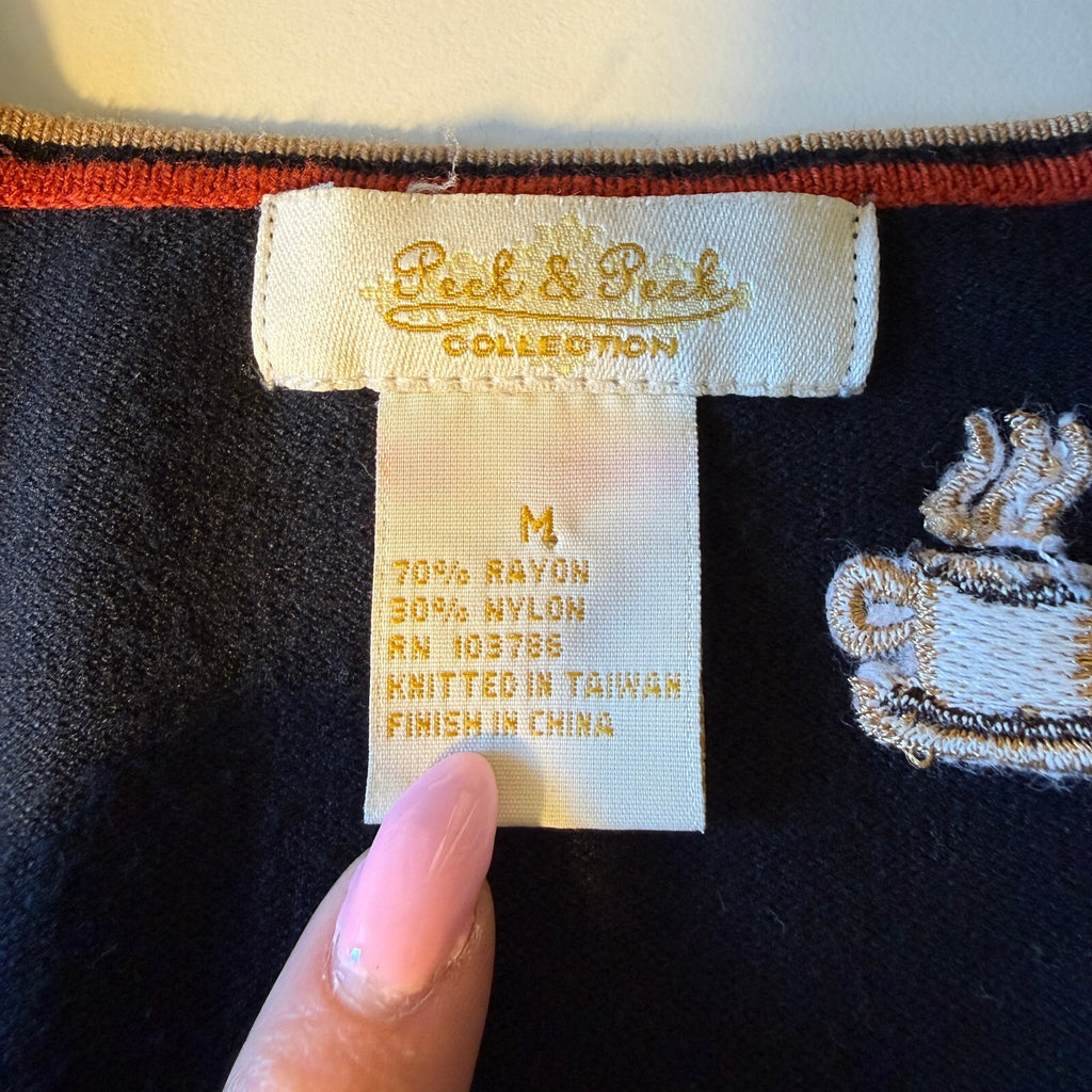 Peck & Peck 90s Coffee Cup Embroidered Button-Up Cardigan Novelty Grandmacore M
