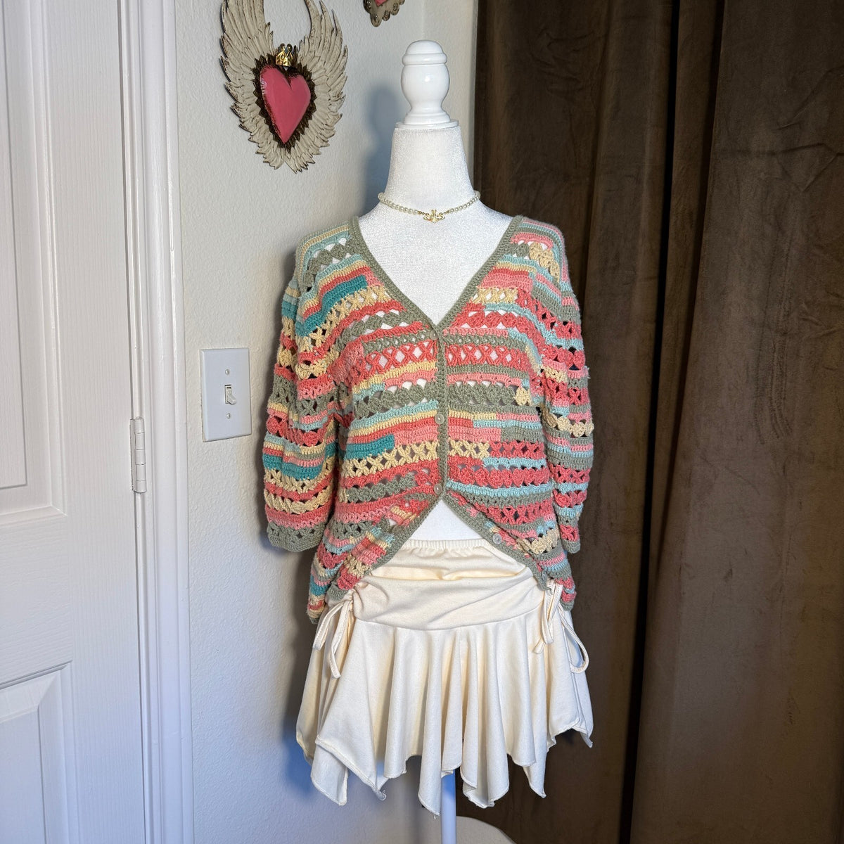 Vintage Napa Valley Pastel Fisherman Cozy Fall Striped Crochet Cardigan Boho M
