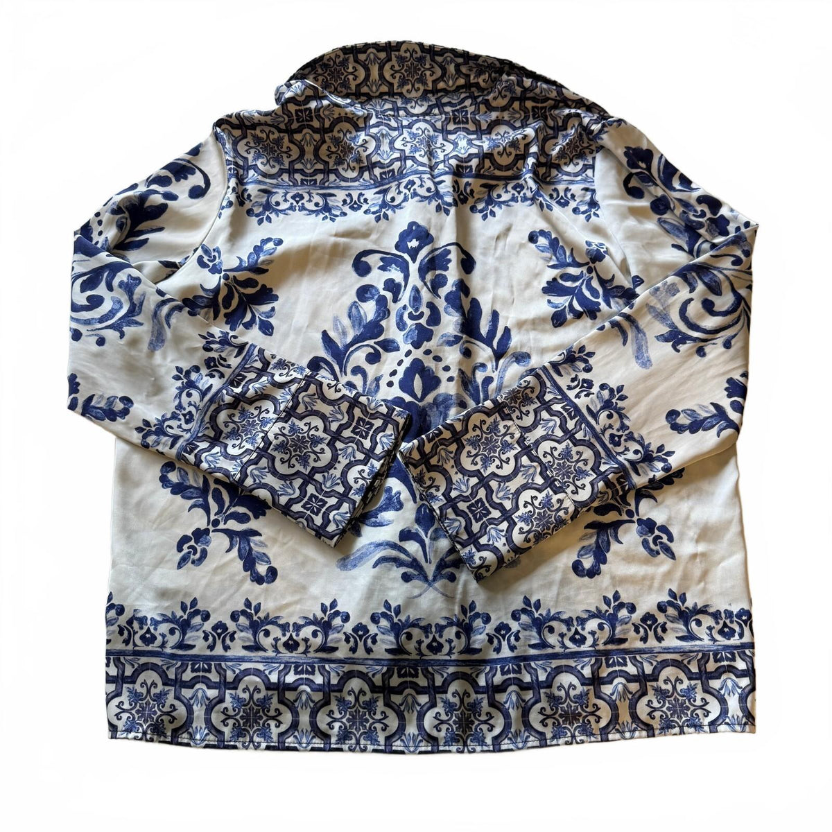 Rachel Zoe Floral Printed Satin Button-Down Quiet Luxury Vacation Resort Office