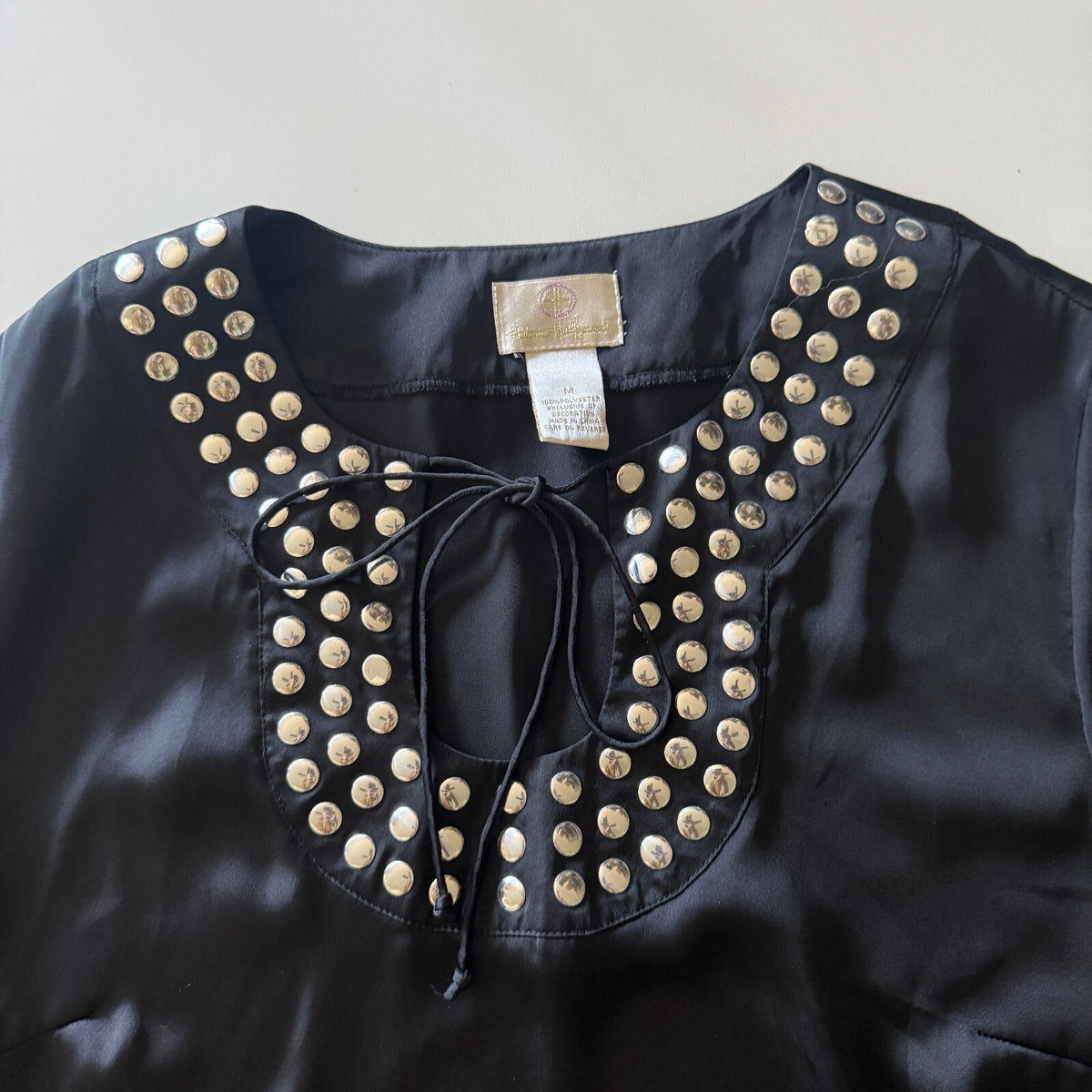 Y2K 1990s Beaded Studded Tie Detail Blouse Boho Chic Hot In Hollywood Sz M