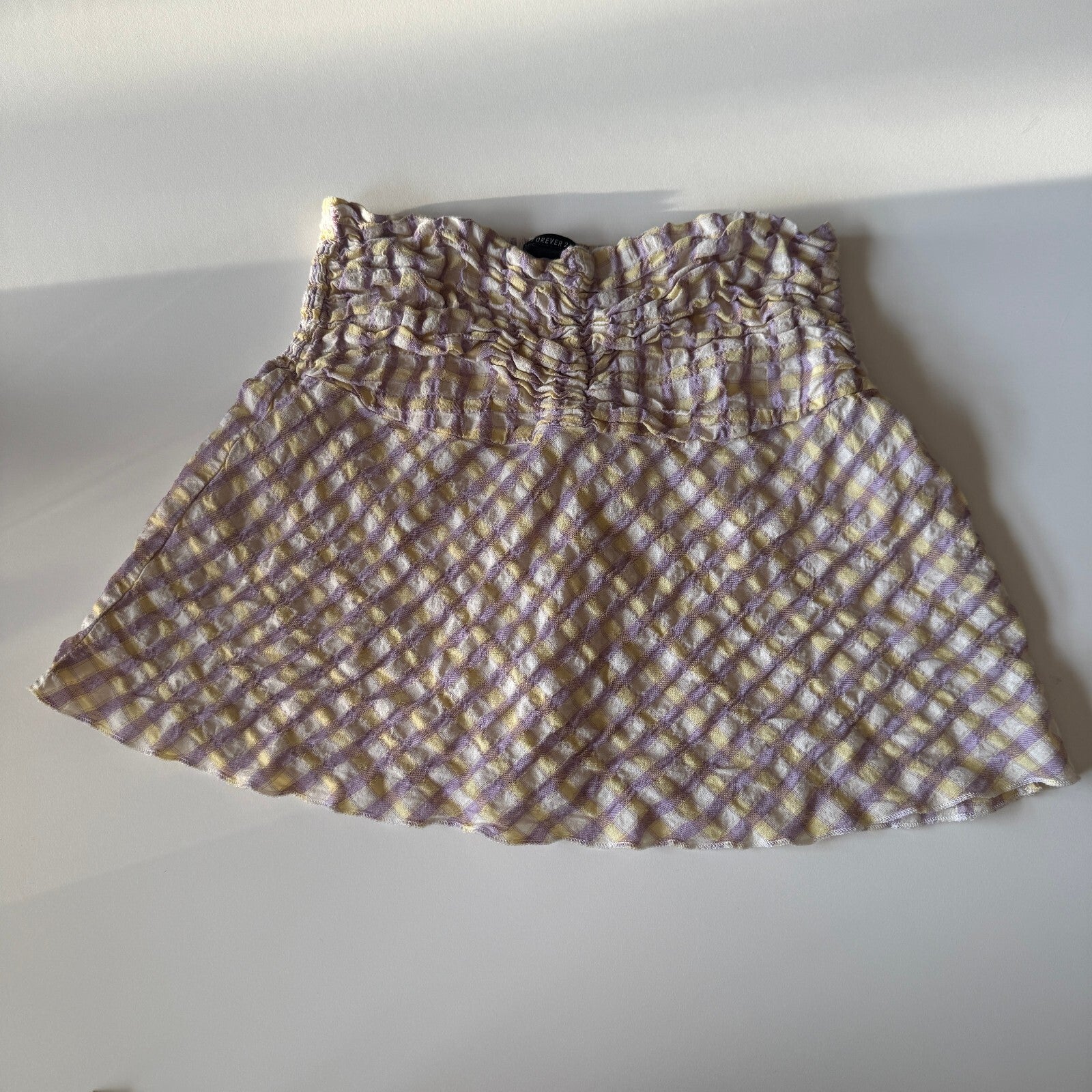 Forever 21 Smocked Strapless Plaid Crop Top in Yellow and Purple, Size Small