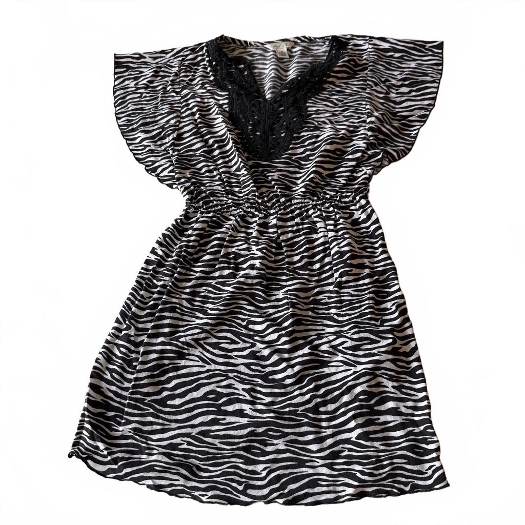 Y2K Inspired Derek Heart Zebra Mini Dress Butterfly Sleeve Elastic Waistband M