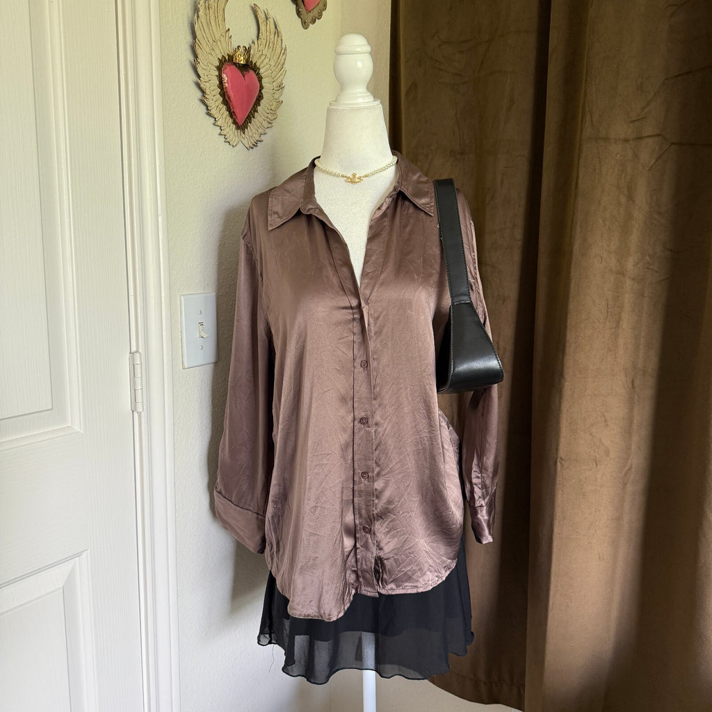 L'AGENCE Women's Mauve 100% Silk Button-Down Blouse Quiet Luxury Designer SZ Lg