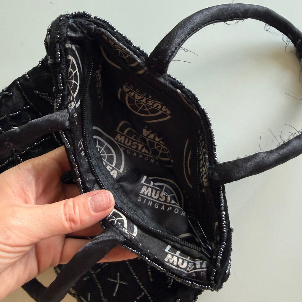 Vintage Mustafa Singapore Black Beaded Mini Handbag Zip Top Evening Bag Y2K