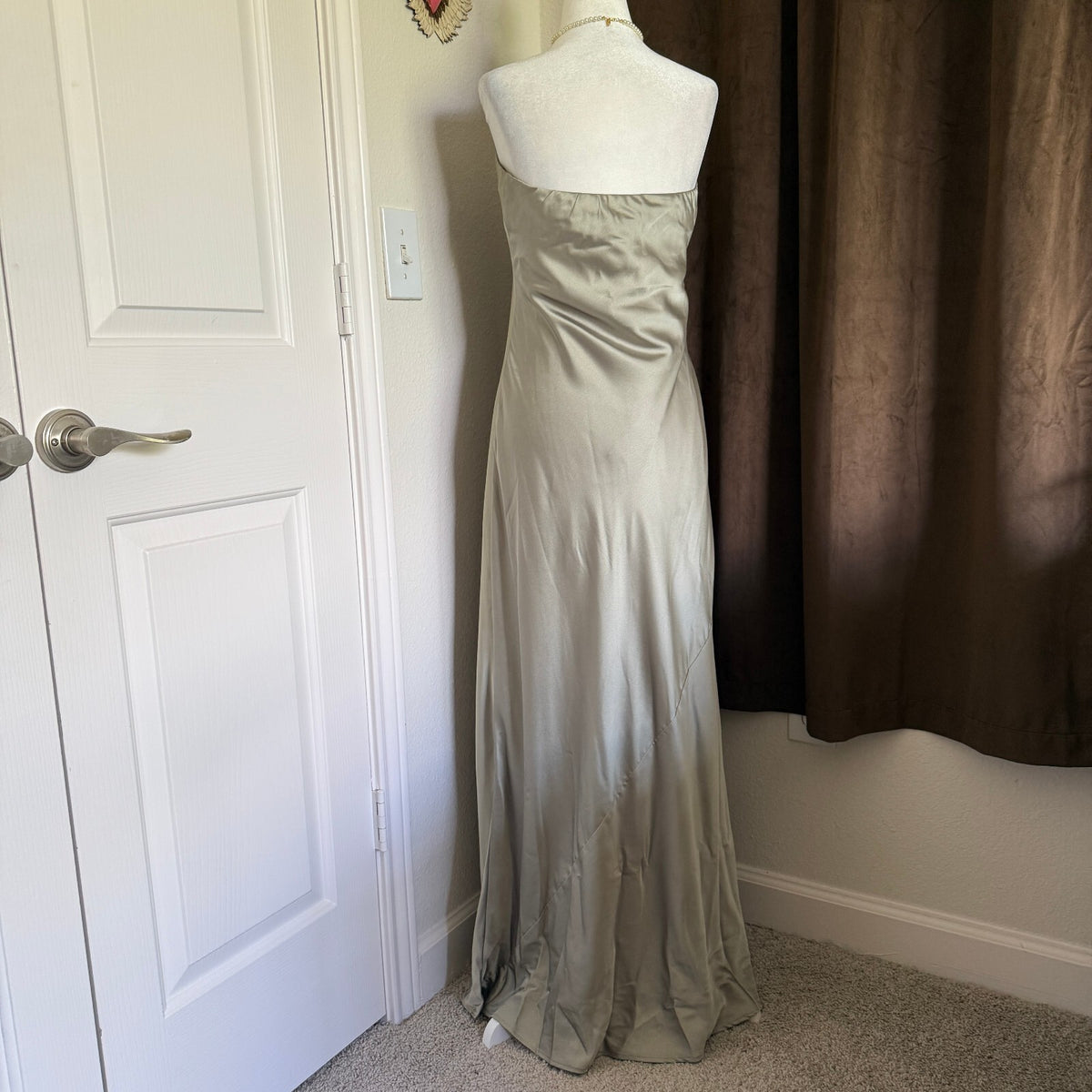 Show Me Your Mumu Taylor Strapless Satin Maxi Dress Sage Olive Boho Euro Summer