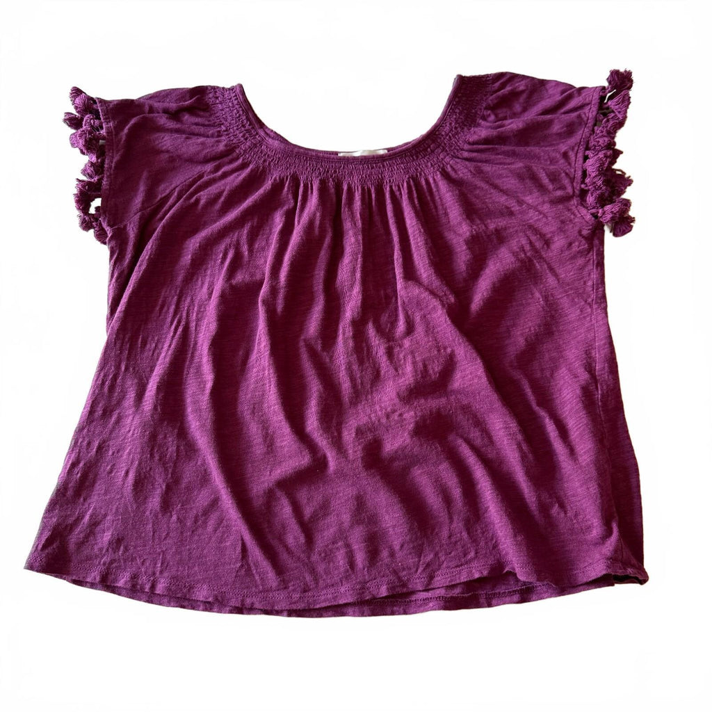 Neiman Marcus Purple Pom-Pom Detail Smocked Fringe Sleeve Boho Festival Blouse