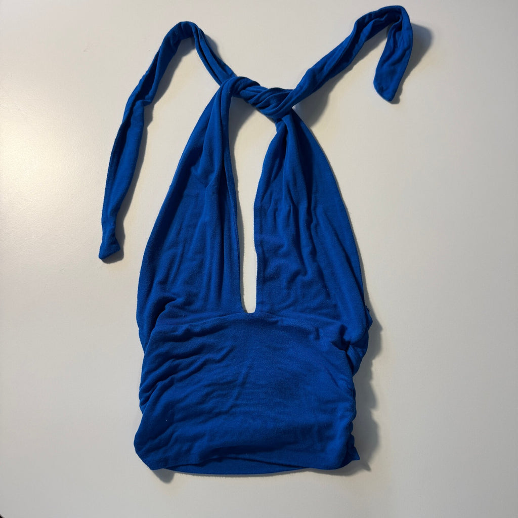 PacSun PAC Cares Cobalt Blue Halter Top Ruched Tie Neck XS Y2K Festival Rave