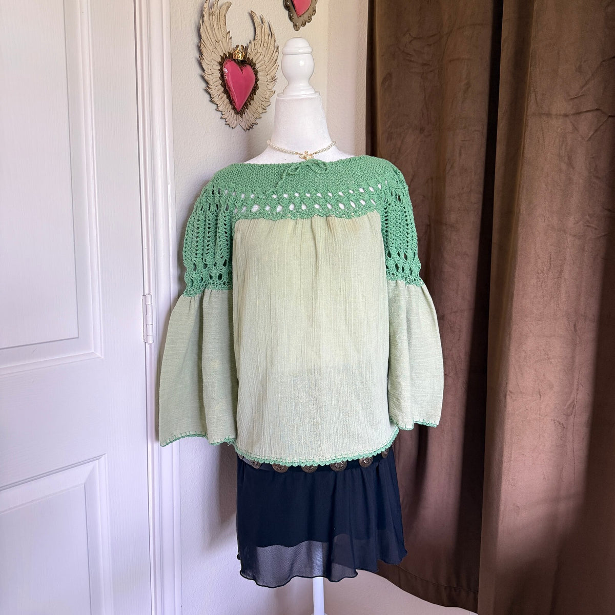 Sage Green Crochet Yoke Boho Peasant Top Cottagecore Fairycore Bell Sleeve