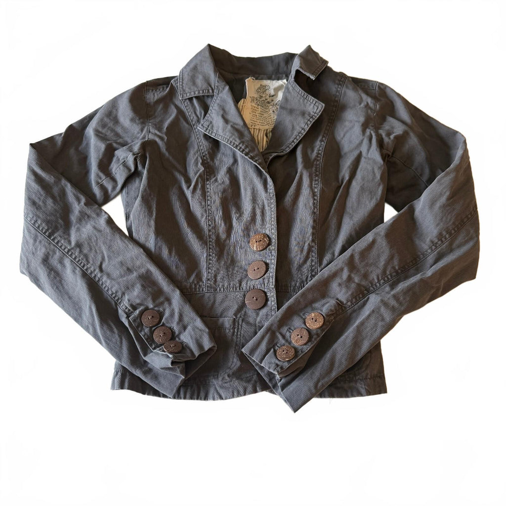 Nick and Mo Anthropologie Gray Cotton Fitted Blazer Jacket Coconut Buttons Sz S