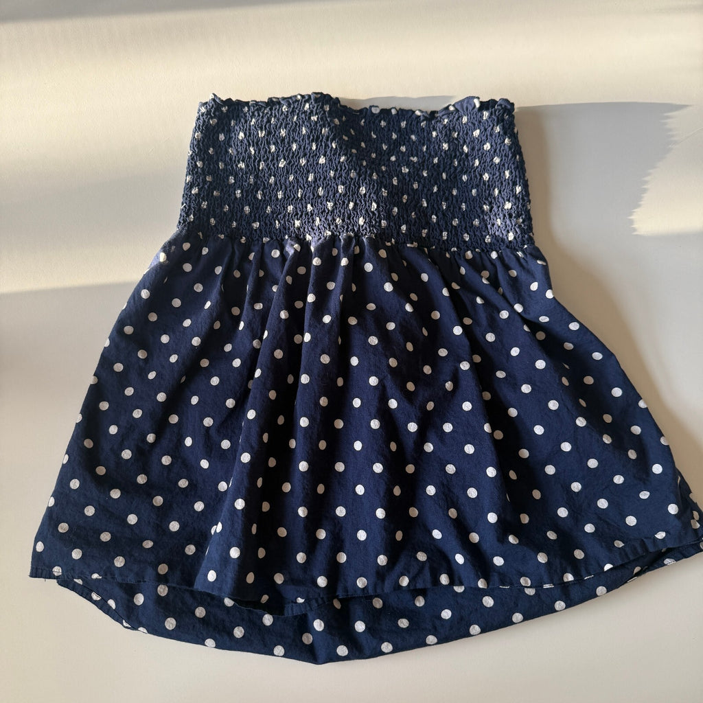 Calliope Navy Blue Polka Dot Strapless Smocked Top with Back Tie, Size Large