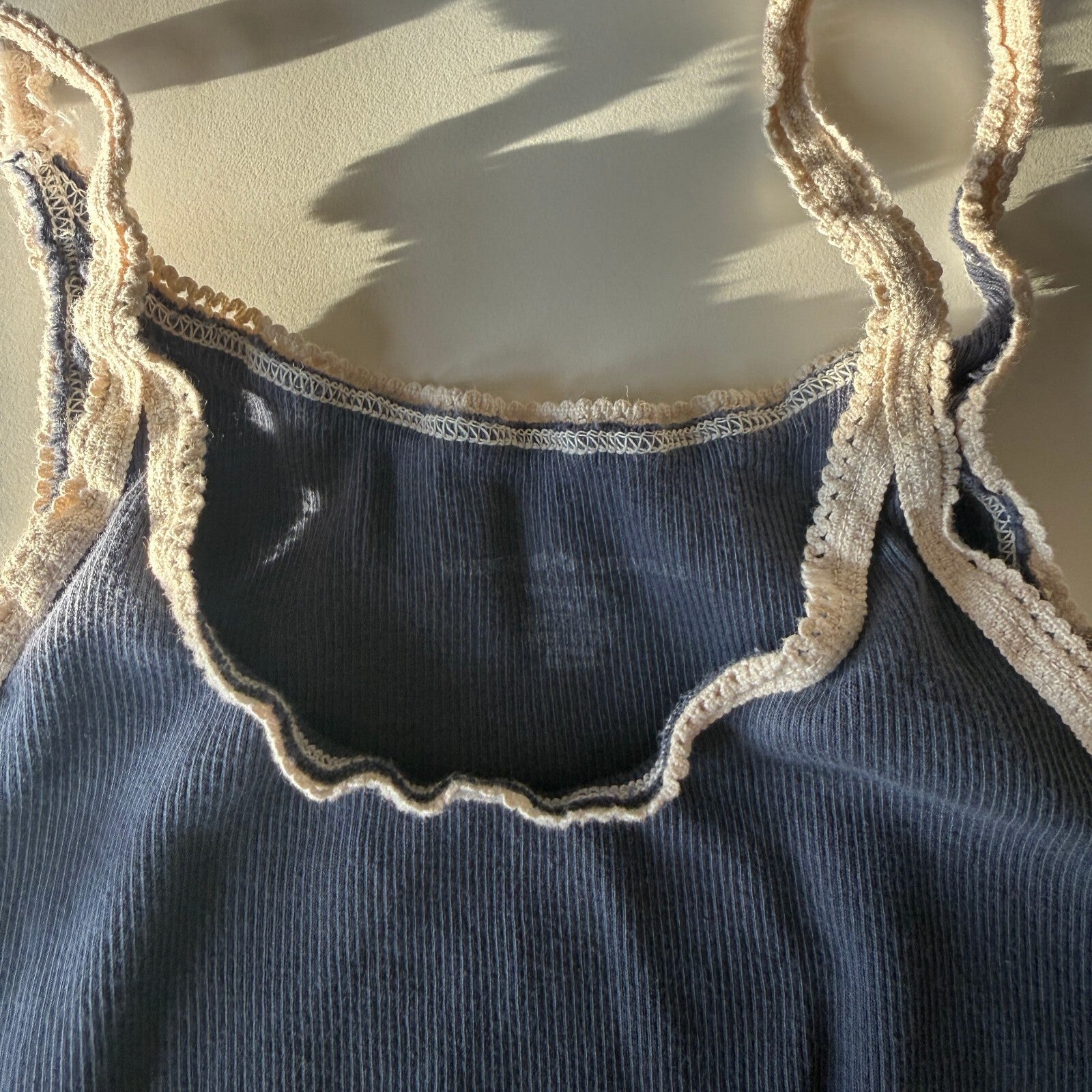 Brandy Melville Women's Blue Ribbed Tank Top with Cream Lace Trim, Size Small