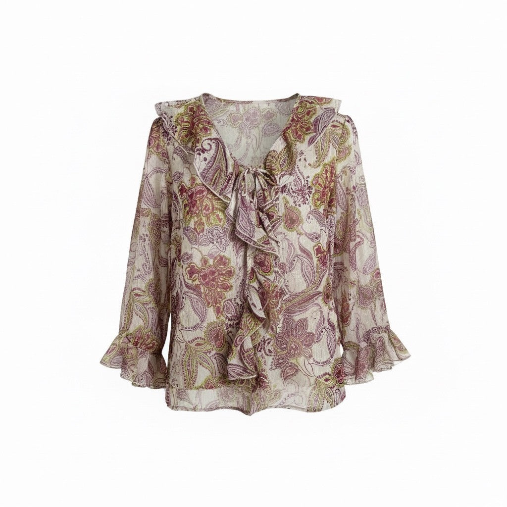 thriftalina Zara Stockholm Style Viral Paisley Floral Ruffle Blouse Tie Neck Bell Sleeves
