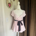 Women's Soft Pink V-Neck Lace Trim Top with Polka Dot Sash Belt, Short Sleeves,
