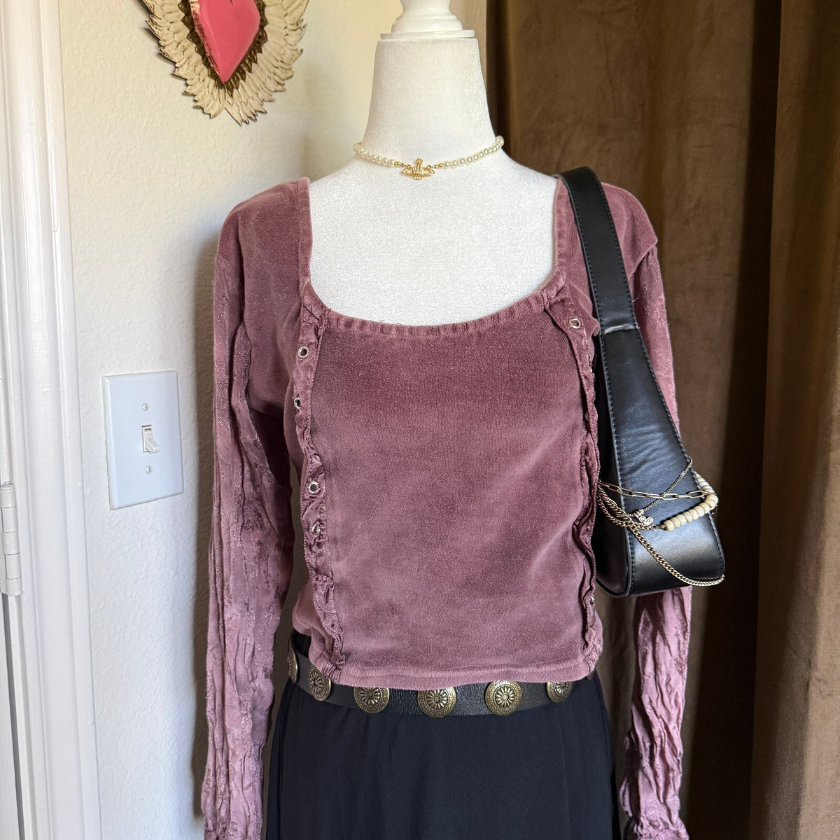 Gypsy Soul Sz S/M Mauve Whimsical Grommet Detail Crop Top Boho Fairycore Witchy