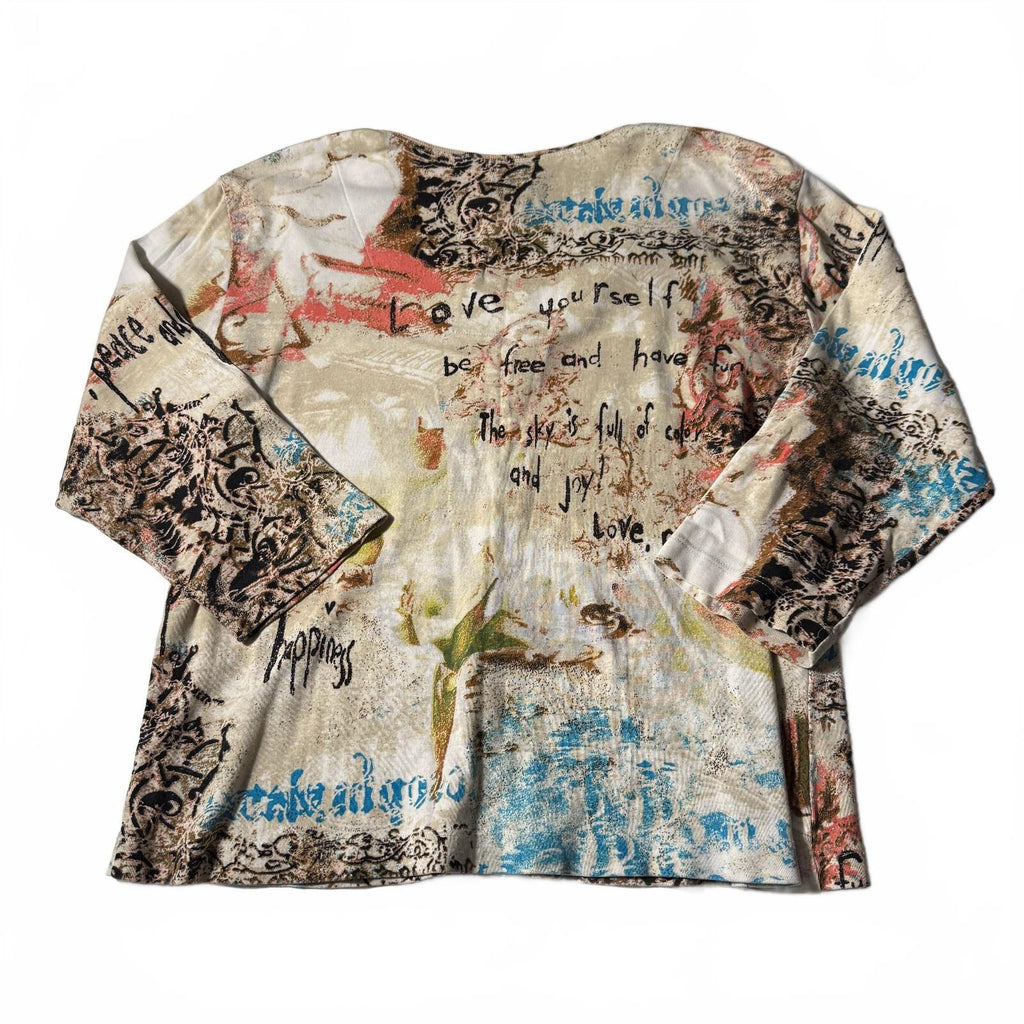 Chico's Y2K Love Peace Happiness Distressed Graphic V-Neck Top Size L 2000s