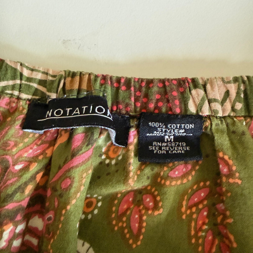 Vintage Notations Patchwork Tiered Cotton Boho Midi Skirt Green Paisley Medium