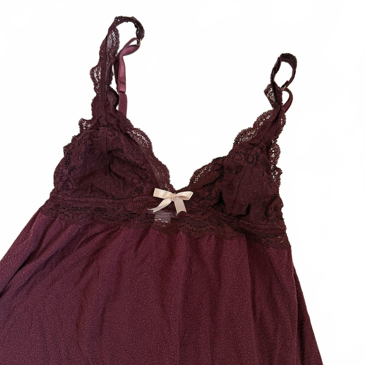 Eberjey Burgundy Lace Trim Chemise Mini Babydoll Nightgown, Size Small Coquette