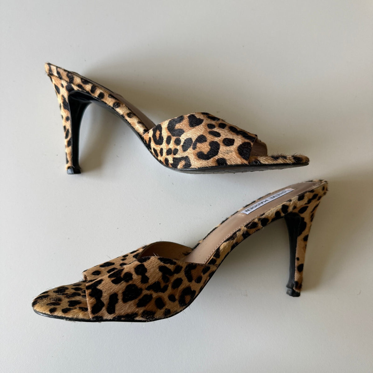 Steve Madden Erin Leopard Cow Hair Stiletto Mule Heels Y2K Animal Print Sz M