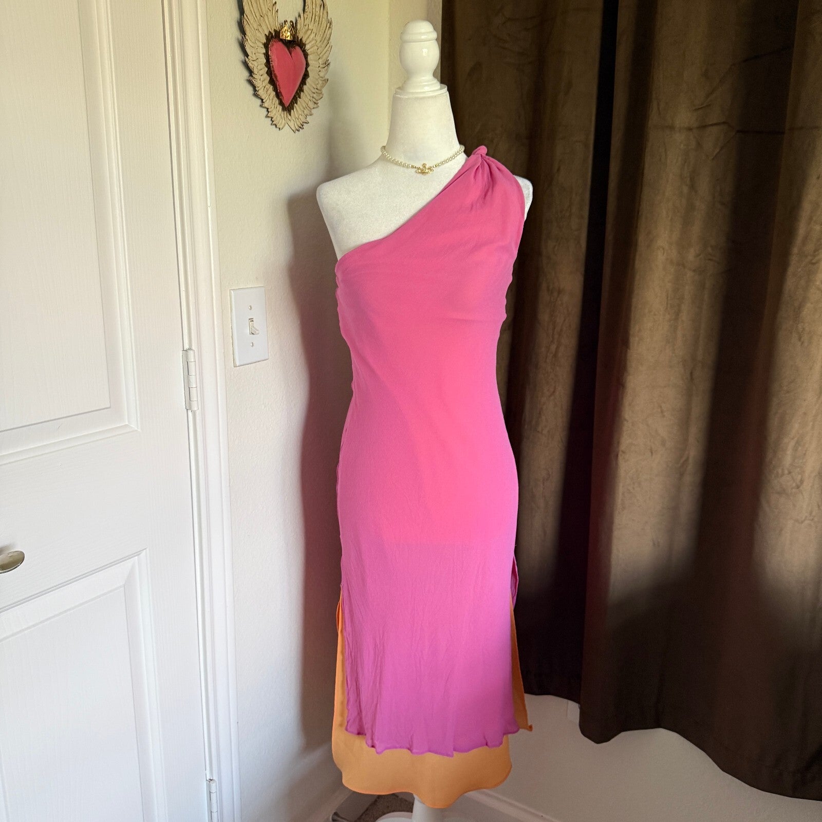Vintage Y2K 1990s Express Silk Pink & Orange One Shoulder Midi Dress Sz 5/6
