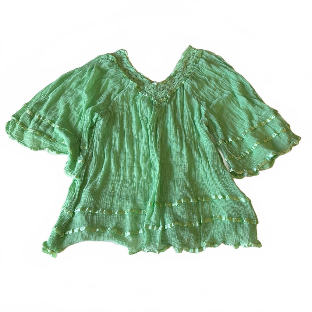 Bohemian Angel Sleeve Gauze Top Crochet & Ribbon Detail Bell Sleeves and Ruffles