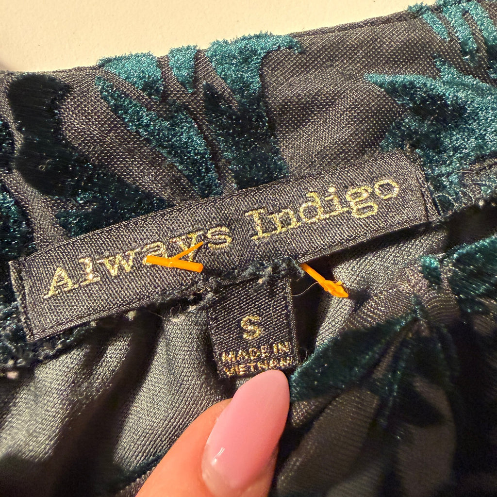 Always Indigo Sz S Whimsical Emerald Black Burnout Velvet Cold Shoulder Blouse