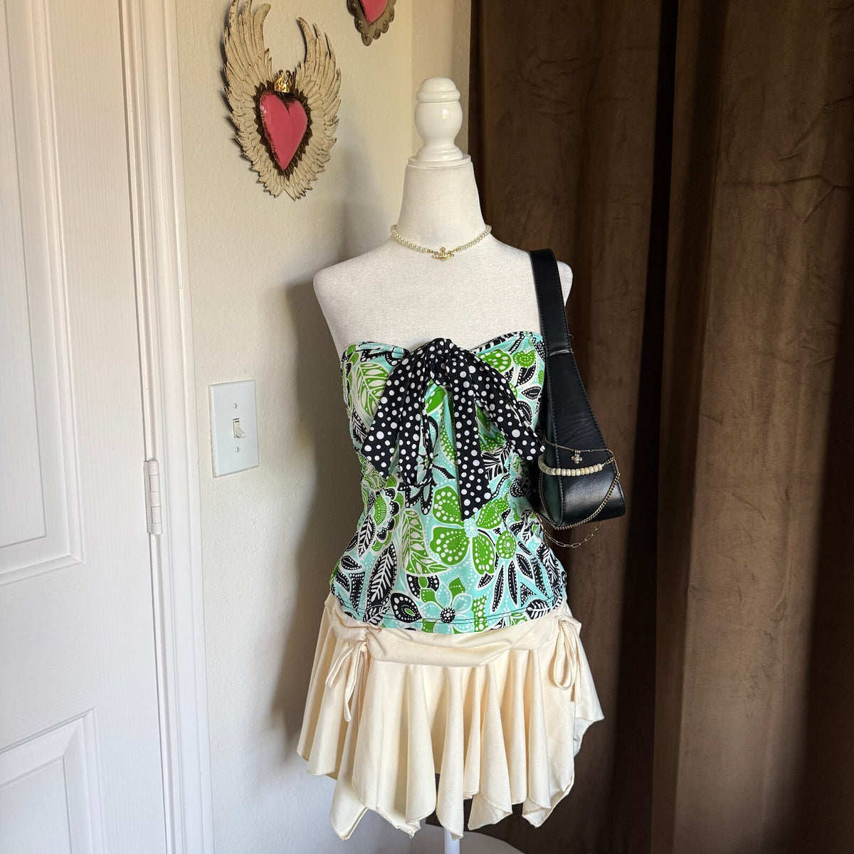 Island Escape Green Floral Polka Dot Whimsical Swimwear Bow Detail Blouse