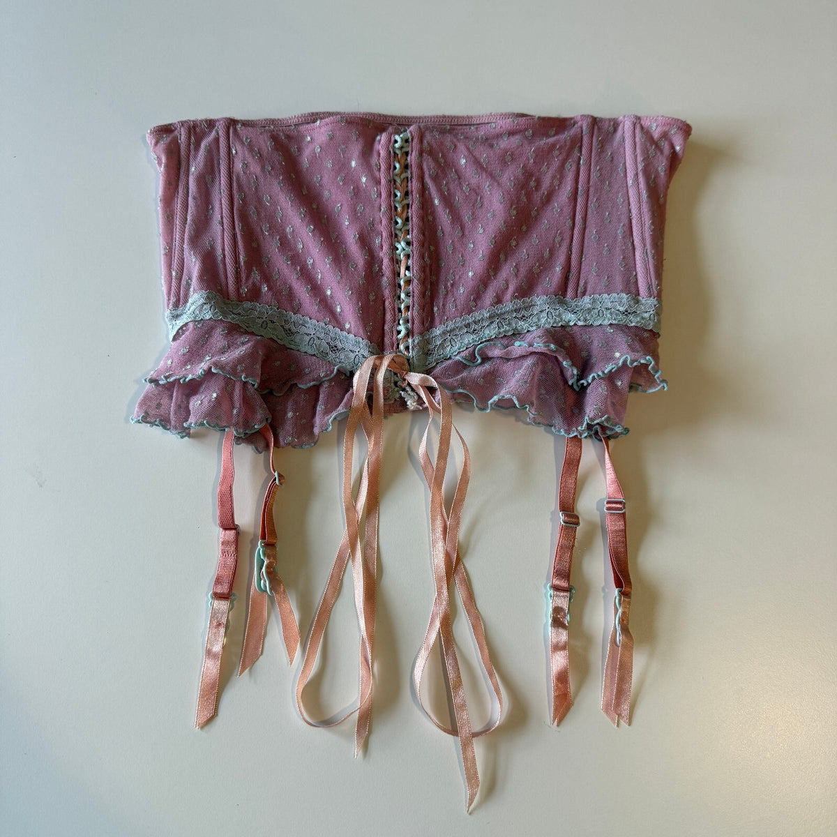 thriftalina Vintage Y2K Rampage Pink Mesh Corset Garter Belt Ruffle Coquette Lingerie
