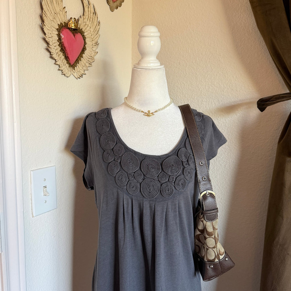 New York & Company Women's Gray Scoop Neck Dress with Floral Embellishments