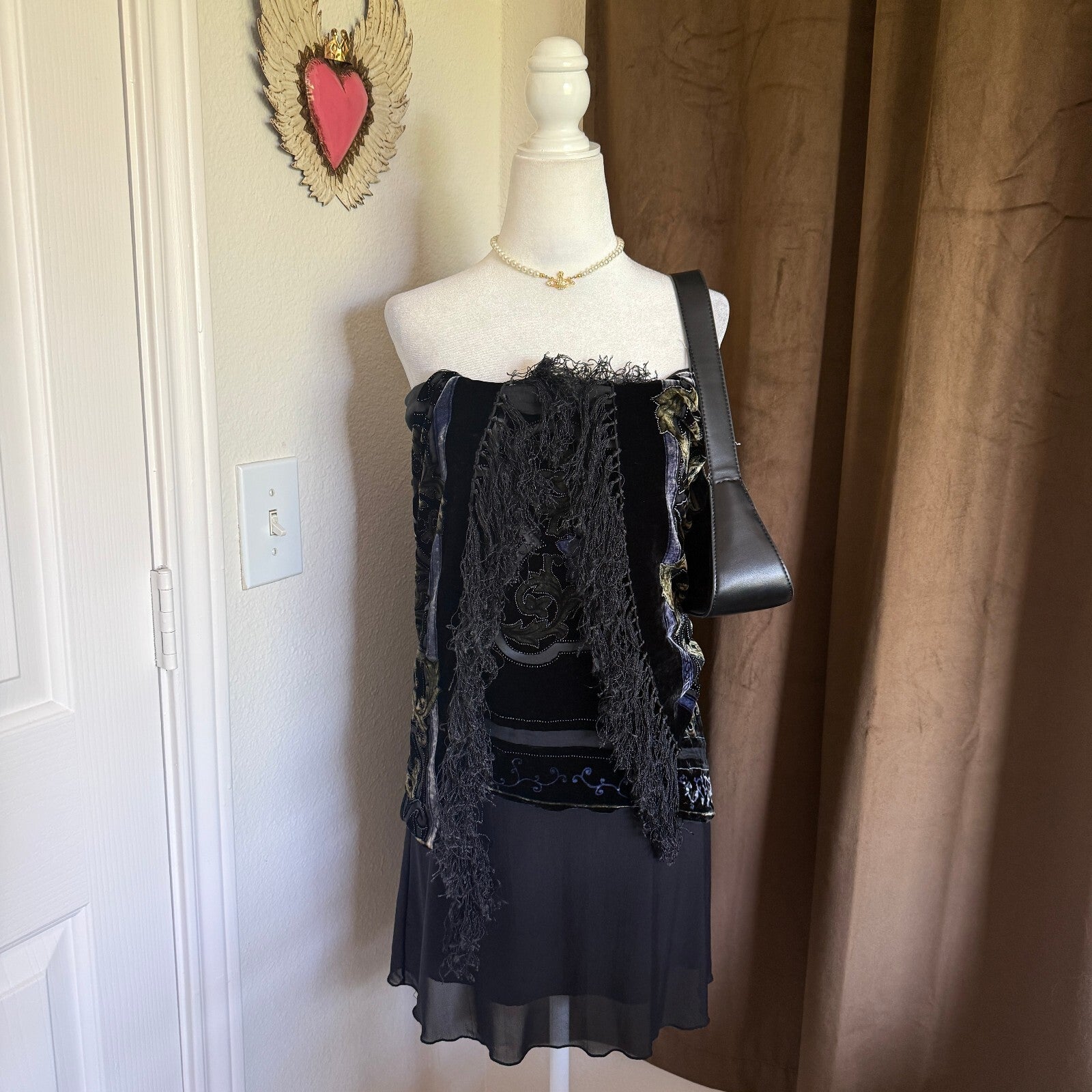 Vintage Black Velvet and Sheer Overlay Scarf with Ornate Pattern Fringe Detail