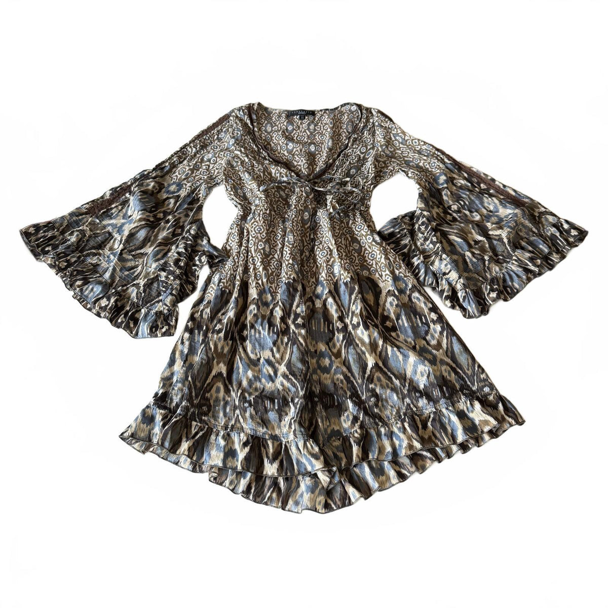 Sanctuary Silk Blend Bell Sleeve Women's Bohemian Mini Dress 70s Stevie Nicks