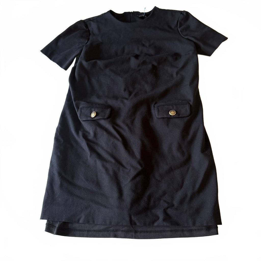 Ann Taylor Black Shift Dress Size 4 Gold Button Flap Pockets Short Sleeve Work