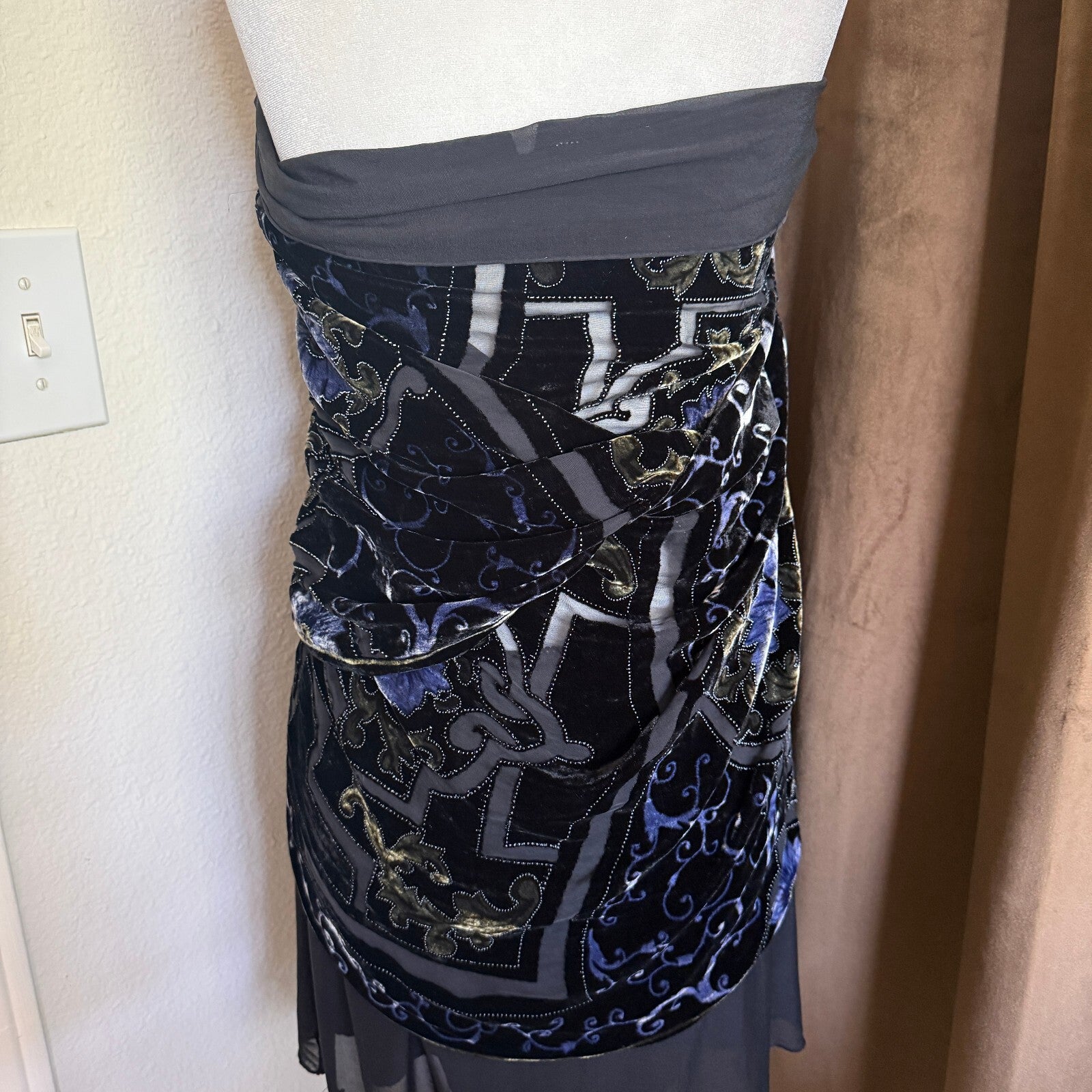 Vintage Black Velvet and Sheer Overlay Scarf with Ornate Pattern Fringe Detail