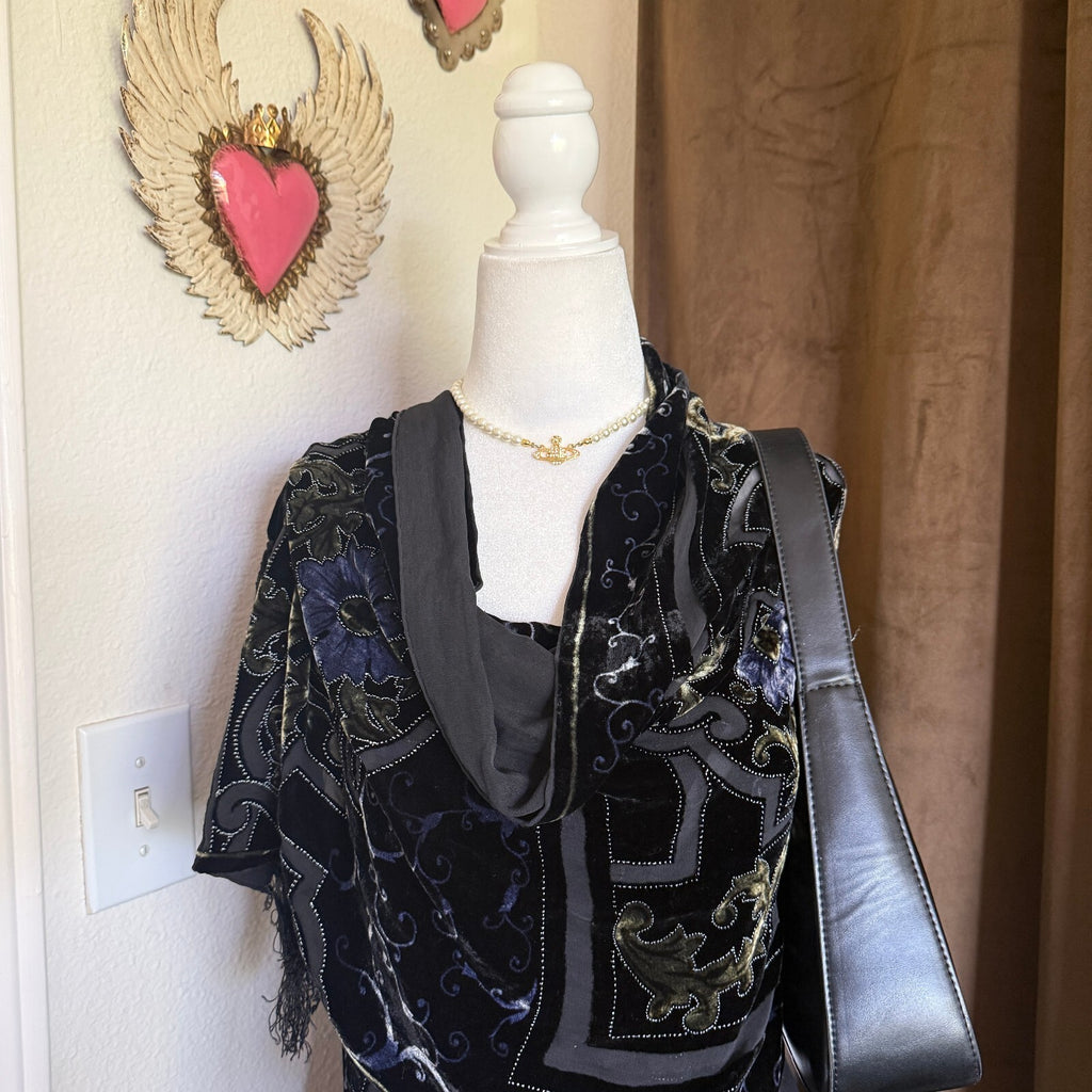 Vintage Black Velvet and Sheer Overlay Scarf with Ornate Pattern Fringe Detail